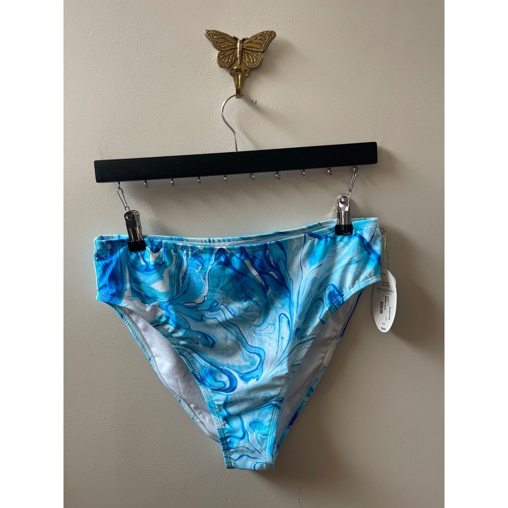 Mynah Womens High Leg High Rise Bikini Bottom Marble Blue Swirl Large NWT